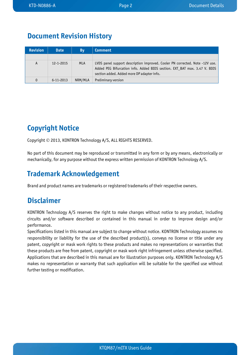 Document revision history, Copyright notice, Trademark acknowledgement | Disclaimer | Kontron KTQM87-mITX User Manual | Page 4 / 110