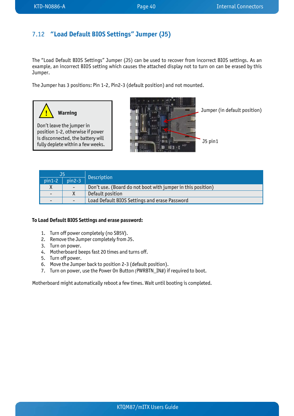 12 “load default bios settings” jumper (j5), Load default bios settings” jumper (j5), Load default bios settings” jumper (j5) 7.12 | Kontron KTQM87-mITX User Manual | Page 42 / 110