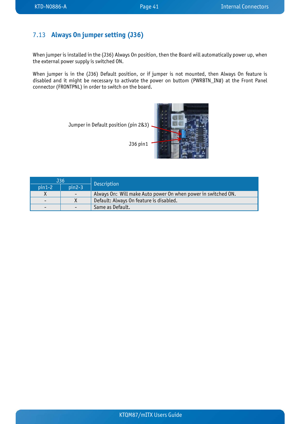 13 always on jumper setting (j36), Always on jumper setting (j36) | Kontron KTQM87-mITX User Manual | Page 43 / 110