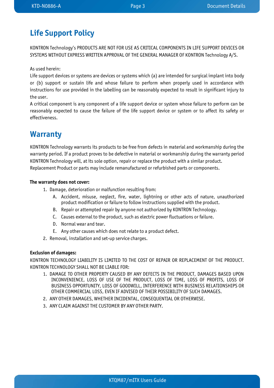 Life support policy, Warranty | Kontron KTQM87-mITX User Manual | Page 5 / 110