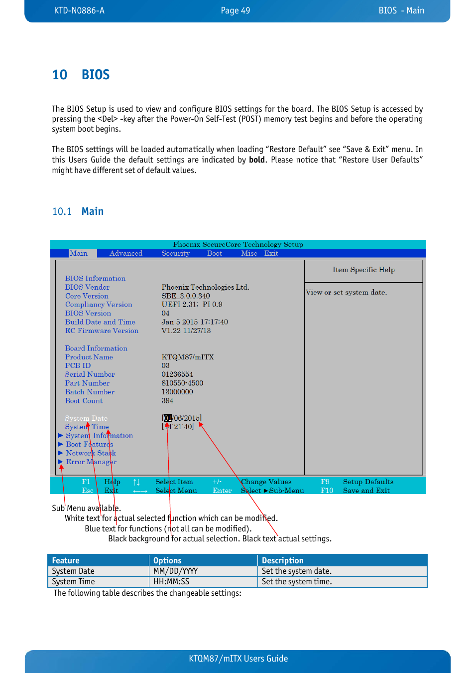 10 bios, 1 main, Bios | Main, Main 10.1, Ktqm87/mitx users guide | Kontron KTQM87-mITX User Manual | Page 51 / 110