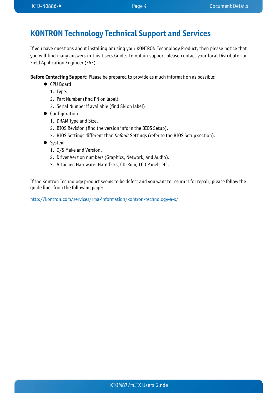 Kontron technology technical support and services | Kontron KTQM87-mITX User Manual | Page 6 / 110