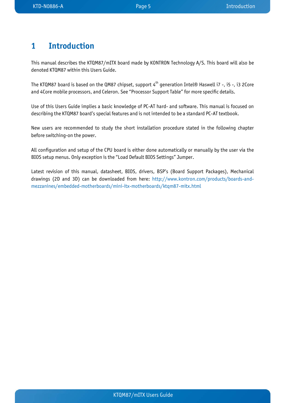 1 introduction, Introduction, 1introduction | Kontron KTQM87-mITX User Manual | Page 7 / 110