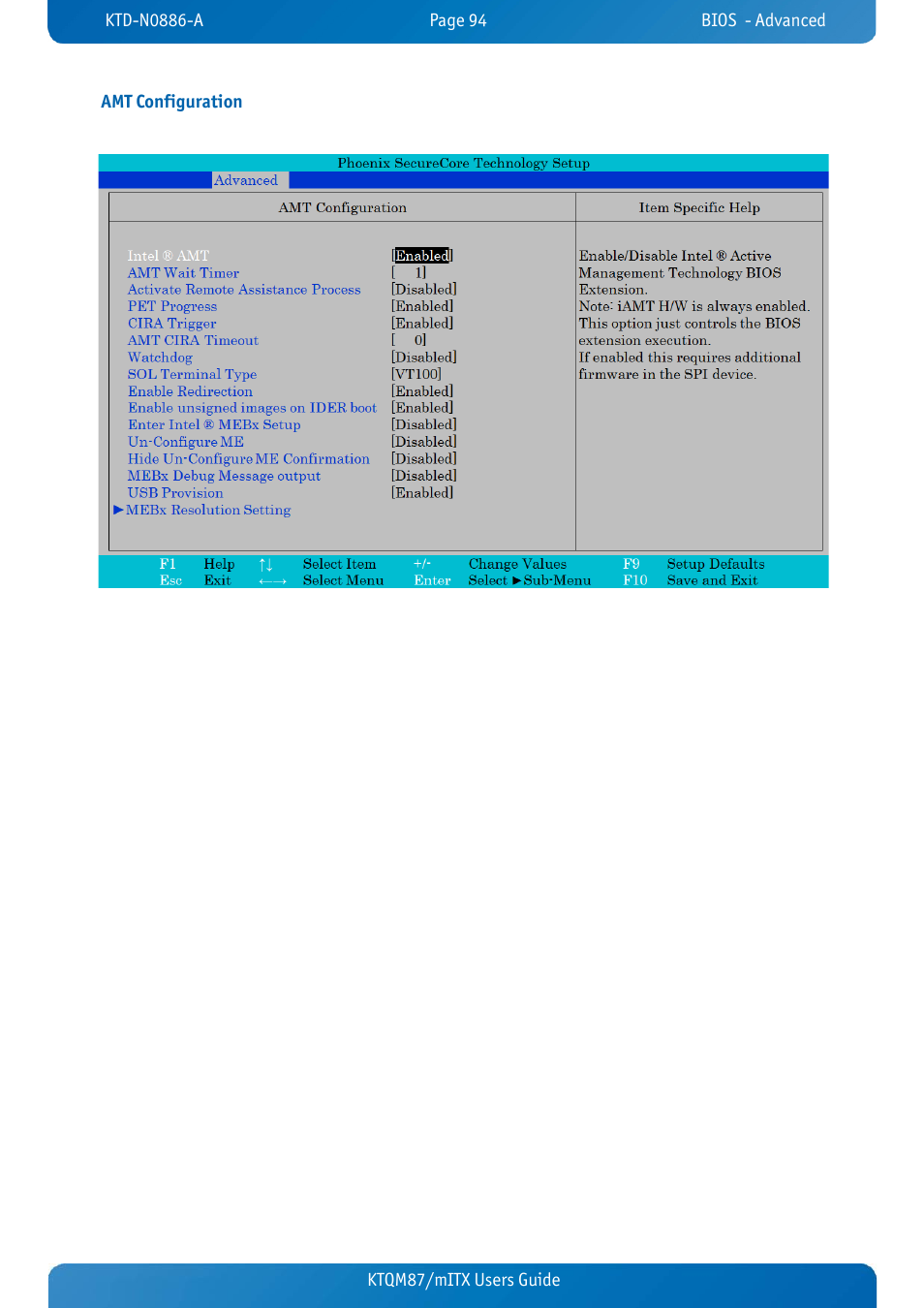 Amt configuration, Ktqm87/mitx users guide amt configuration | Kontron KTQM87-mITX User Manual | Page 96 / 110