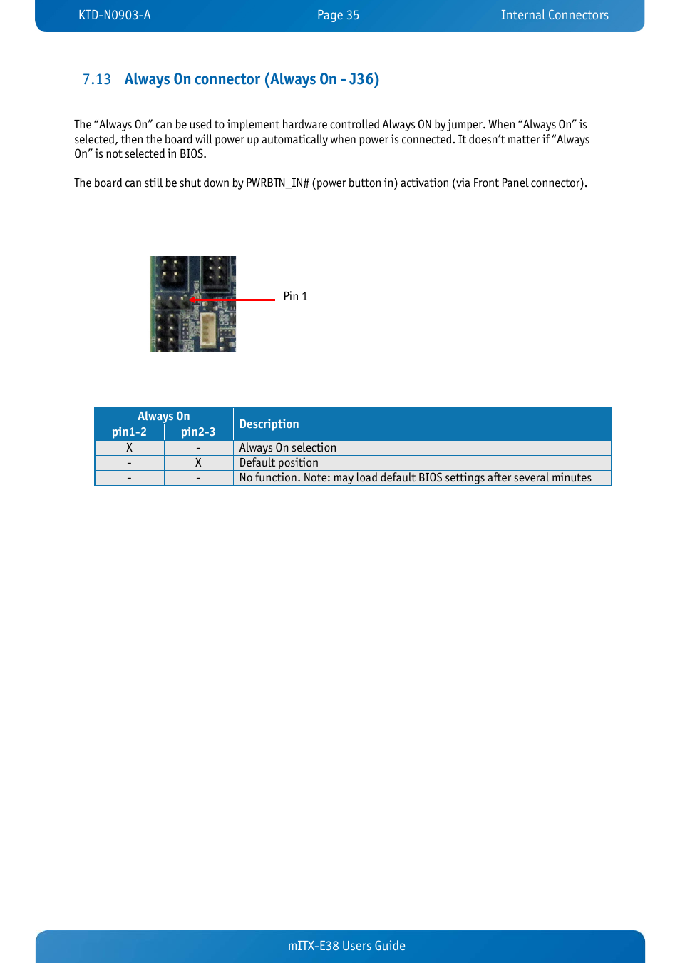 13 always on connector (always on - j36), Always on connector (always on - j36) | Kontron mITX-E38 User Manual | Page 37 / 43