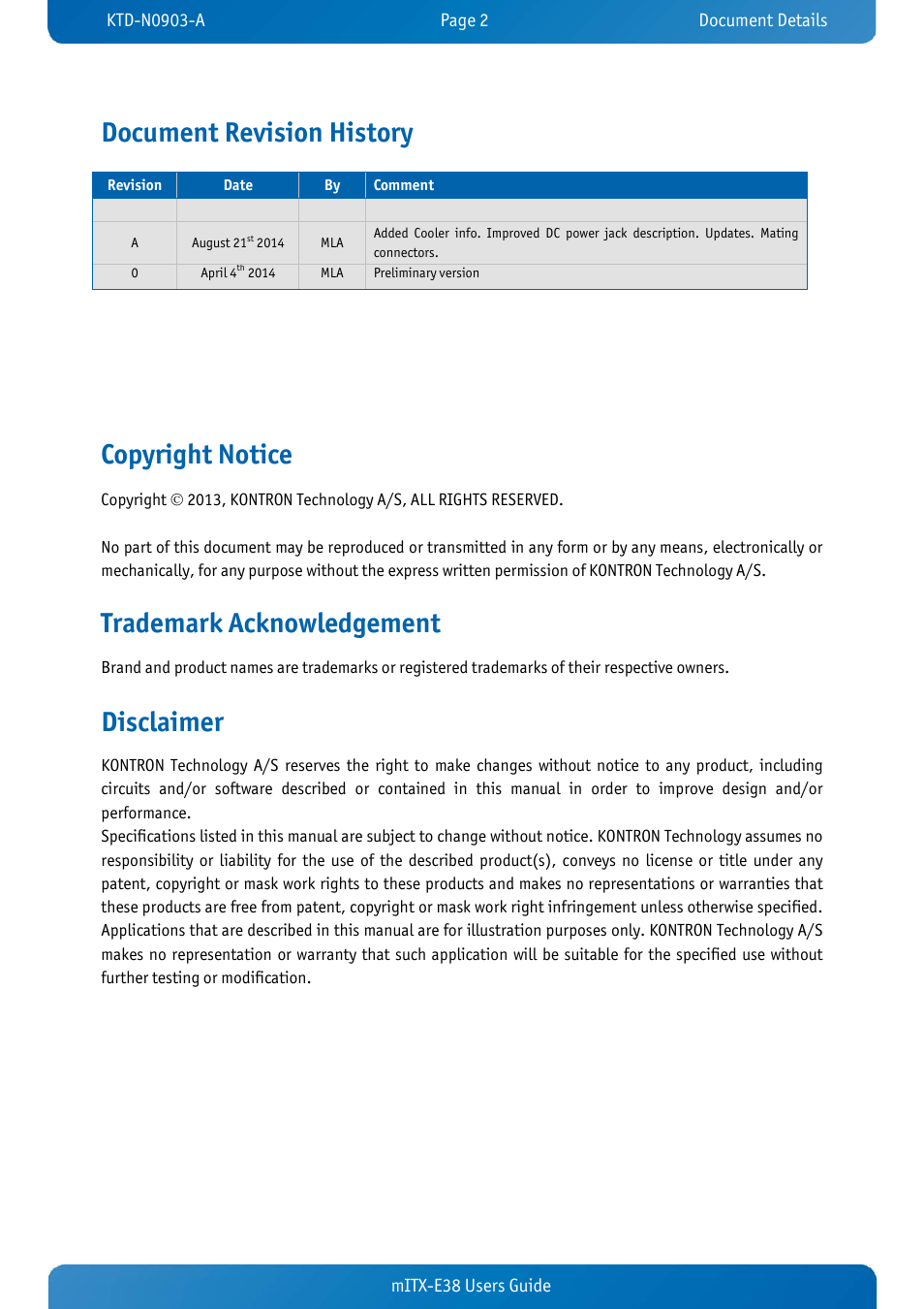 Document revision history, Copyright notice, Trademark acknowledgement | Disclaimer | Kontron mITX-E38 User Manual | Page 4 / 43