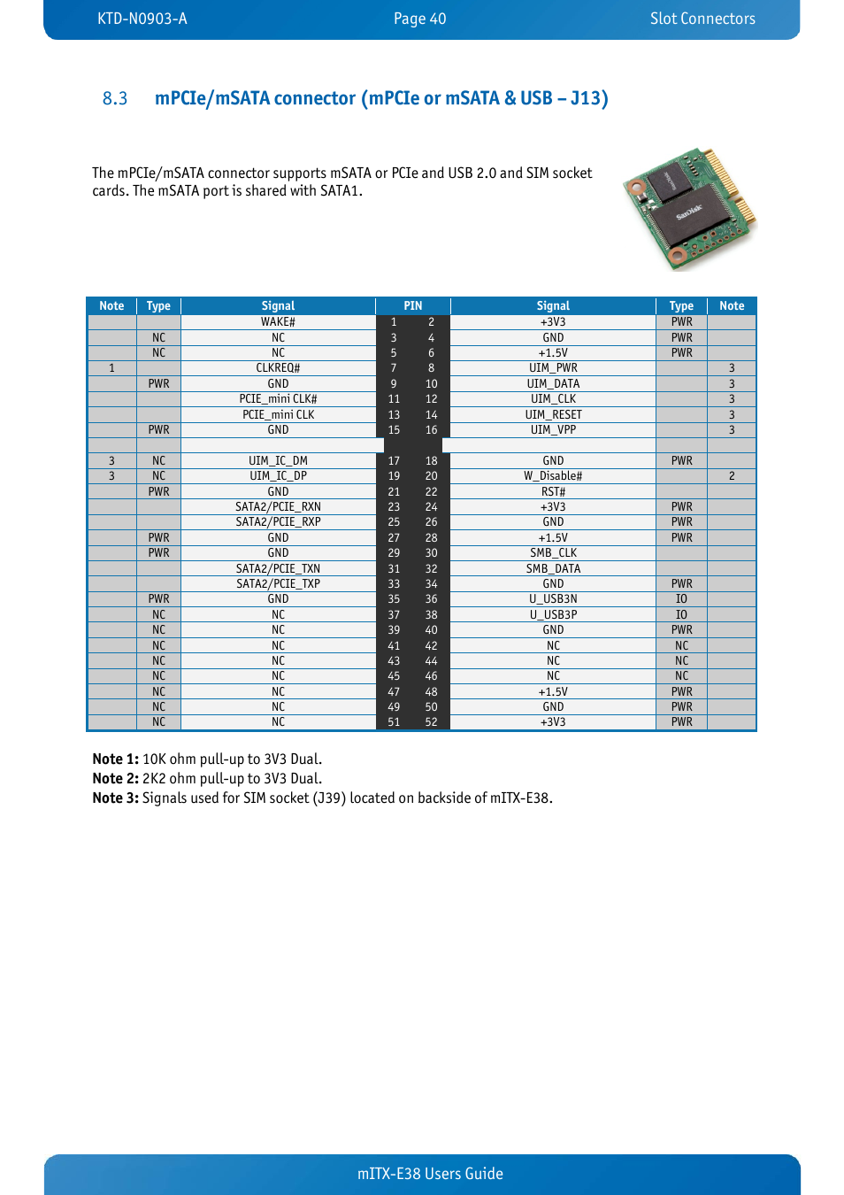 Mpcie/msata connector (mpcie or msata & usb – j13), Mitx-e38 users guide | Kontron mITX-E38 User Manual | Page 42 / 43