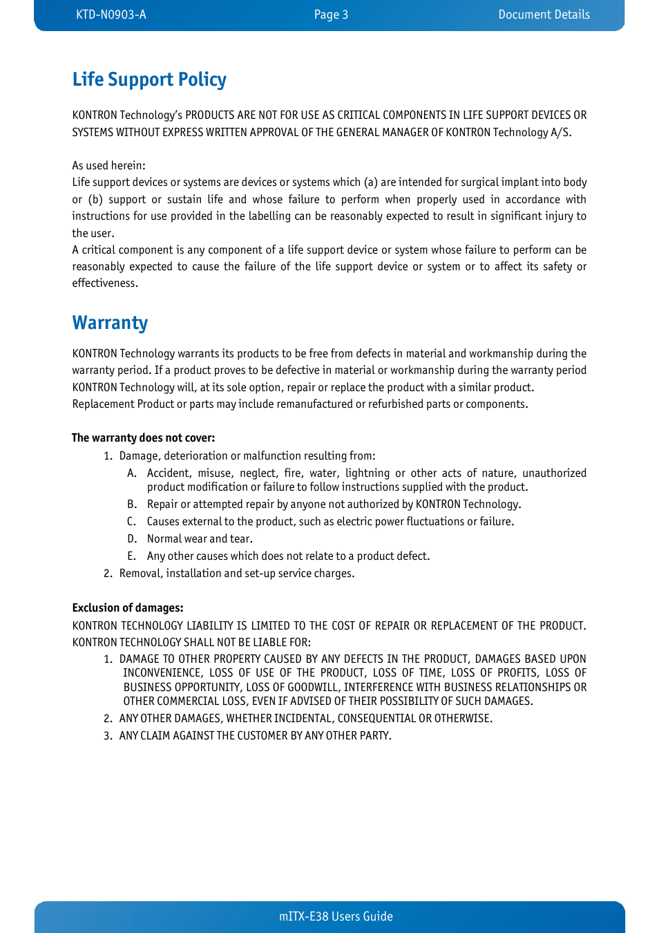 Life support policy, Warranty | Kontron mITX-E38 User Manual | Page 5 / 43