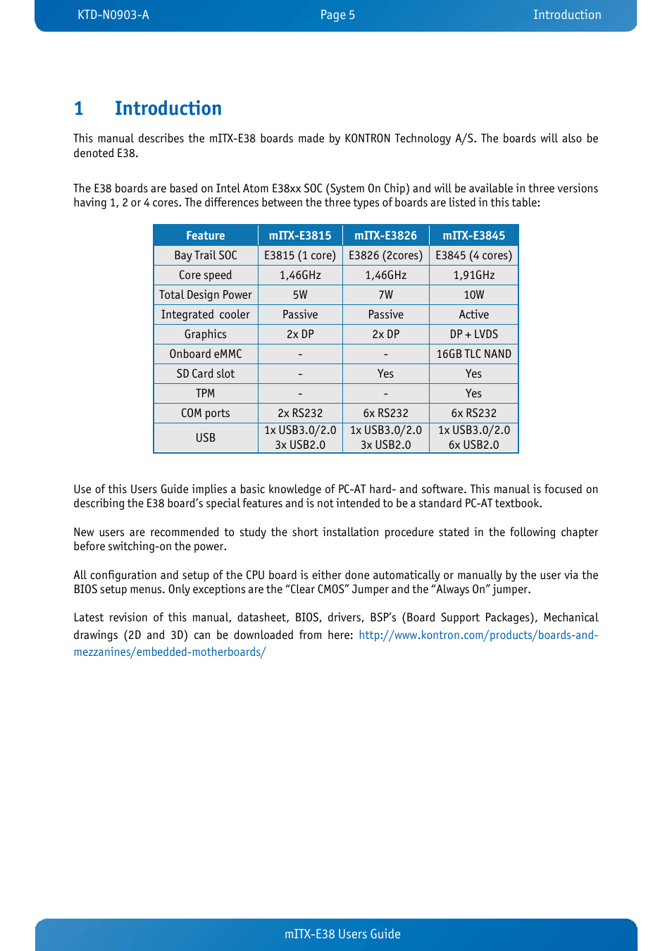 1 introduction, Introduction, 1introduction | Kontron mITX-E38 User Manual | Page 7 / 43