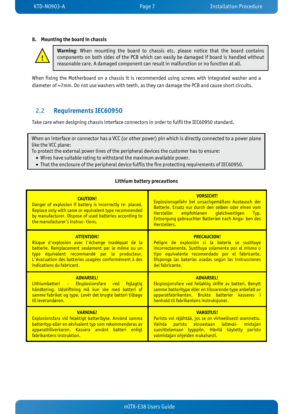 2 requirements iec60950, Requirements iec60950 | Kontron mITX-E38 User Manual | Page 9 / 43