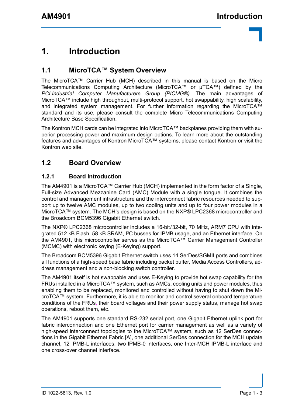 Introduction, 1 microtca™ system overview, 2 board overview | 1 board introduction, Introduction - 3, Board introduction - 3, Am4901 introduction | Kontron AM4901 User Manual | Page 19 / 28