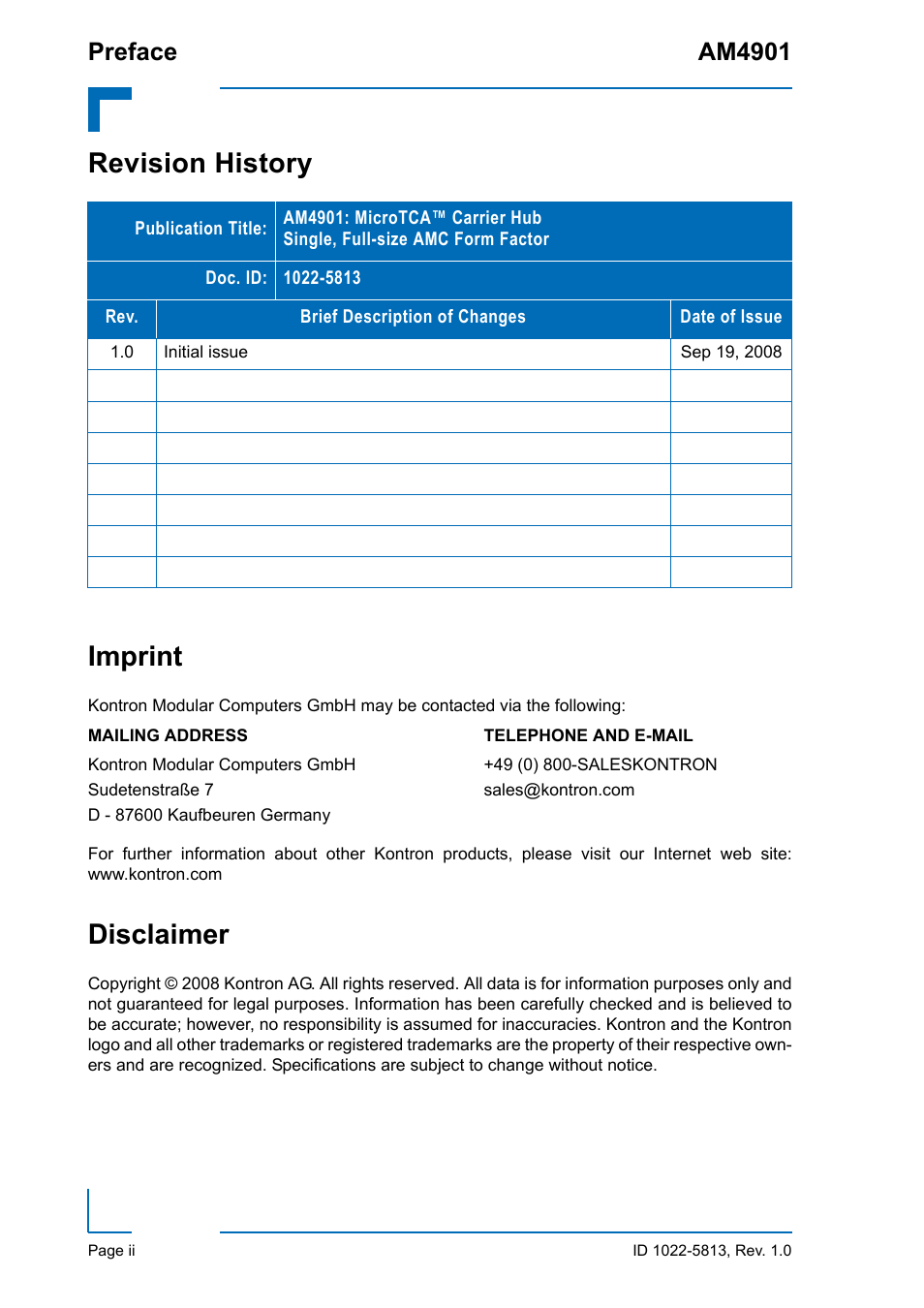 Revision history, Imprint, Disclaimer | Revision history imprint, Preface am4901 | Kontron AM4901 User Manual | Page 2 / 28