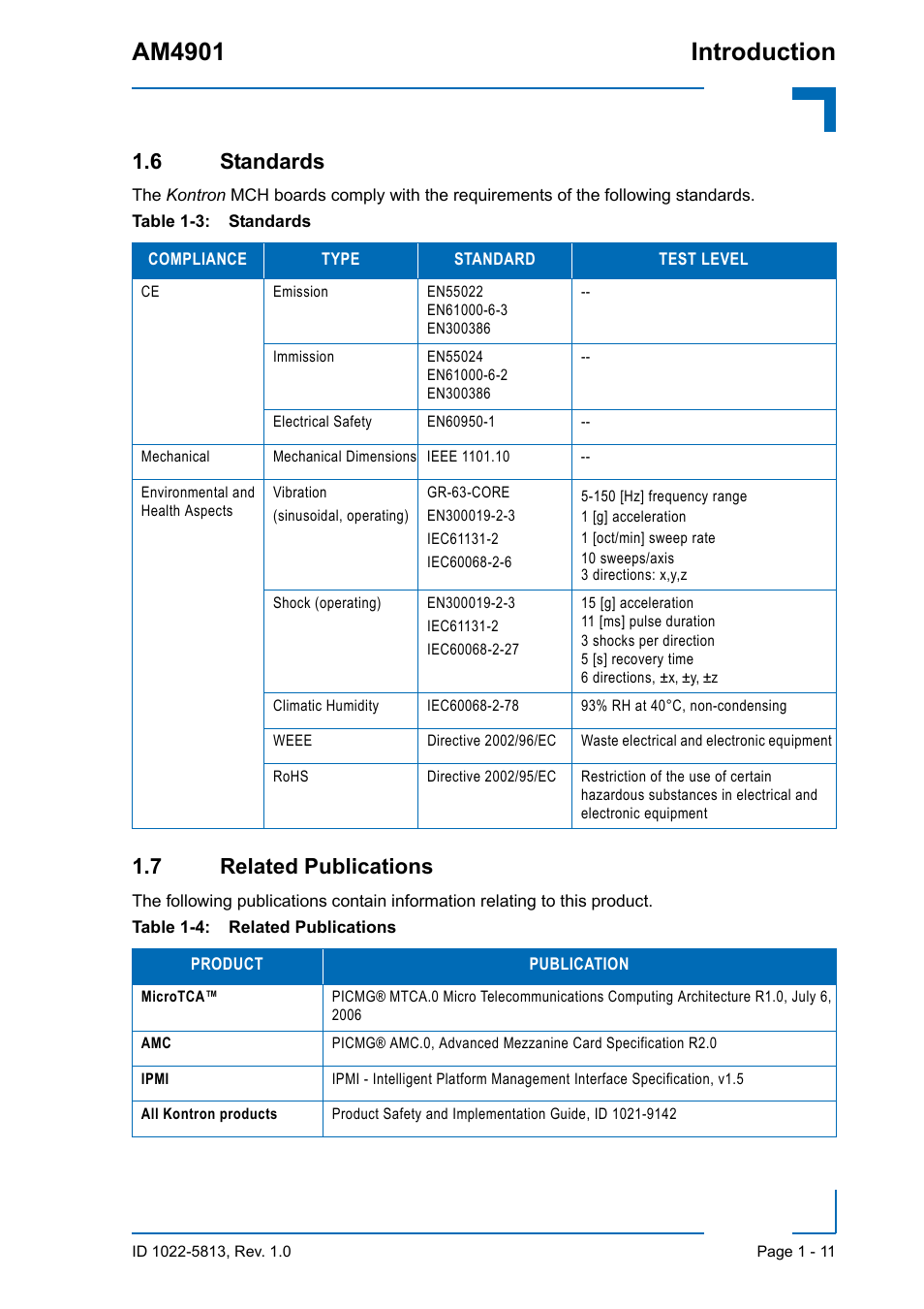 6 standards, 7 related publications, 6 standards - 11 1.7 related publications - 11 | Am4901 introduction | Kontron AM4901 User Manual | Page 27 / 28