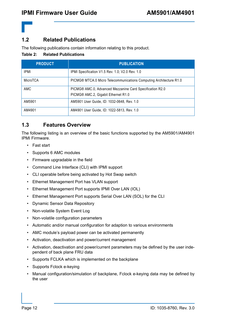 2 related publications, 3 features overview, 2 related publications 1.3 features overview | Related publications | Kontron AM4901 IPMI User Manual | Page 12 / 92