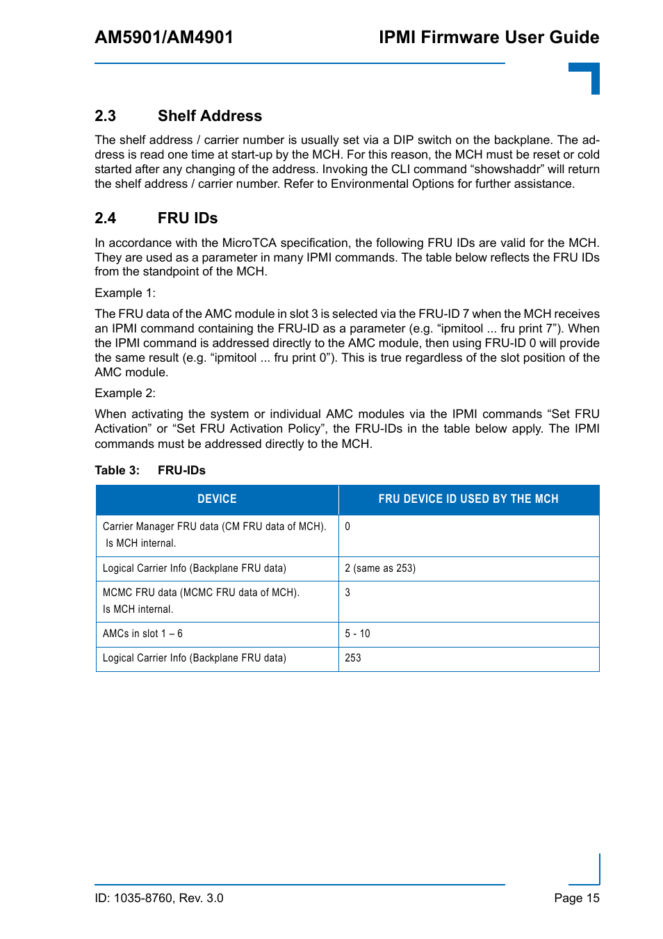3 shelf address, 4 fru ids, 3 shelf address 2.4 fru ids | Fru-ids | Kontron AM4901 IPMI User Manual | Page 15 / 92