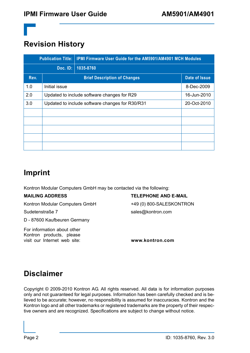 Revision history, Imprint, Disclaimer | Revision history imprint | Kontron AM4901 IPMI User Manual | Page 2 / 92