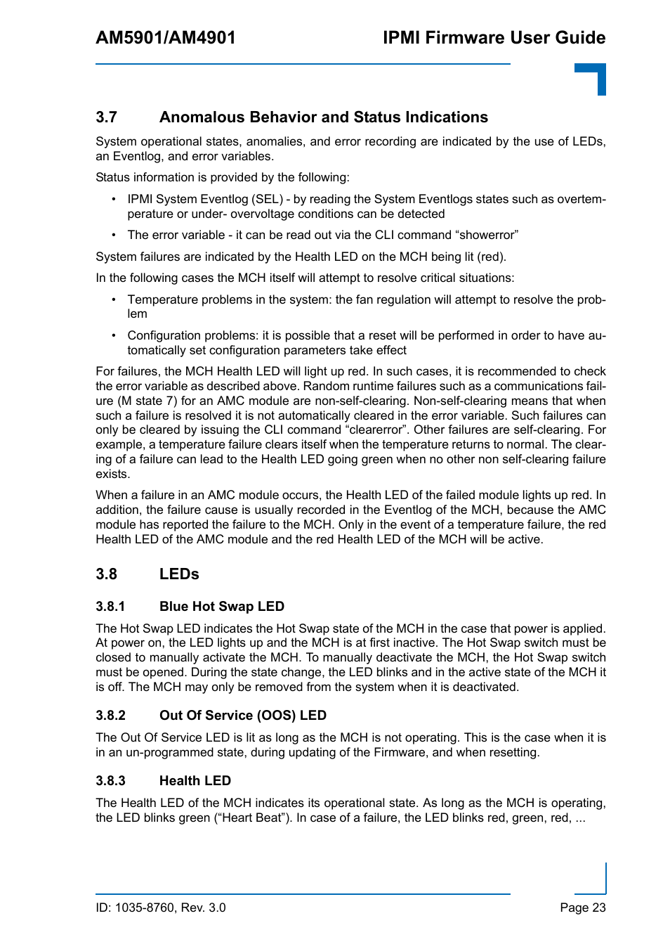 7 anomalous behavior and status indications, 8 leds, 1 blue hot swap led | 2 out of service (oos) led, 3 health led, Blue hot swap led, Out of service (oos) led, Health led | Kontron AM4901 IPMI User Manual | Page 23 / 92