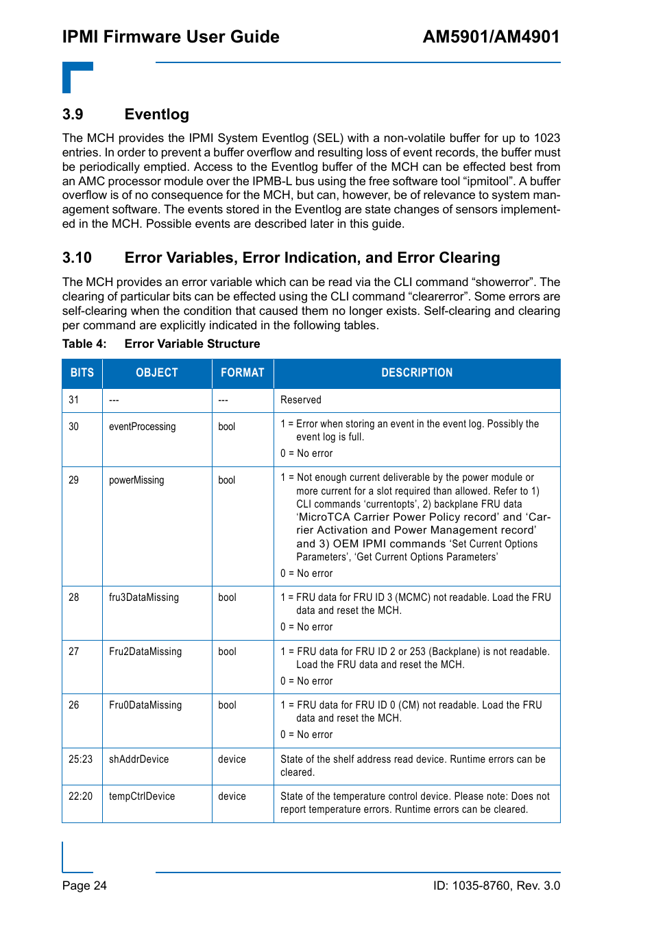 9 eventlog, Error variable structure | Kontron AM4901 IPMI User Manual | Page 24 / 92