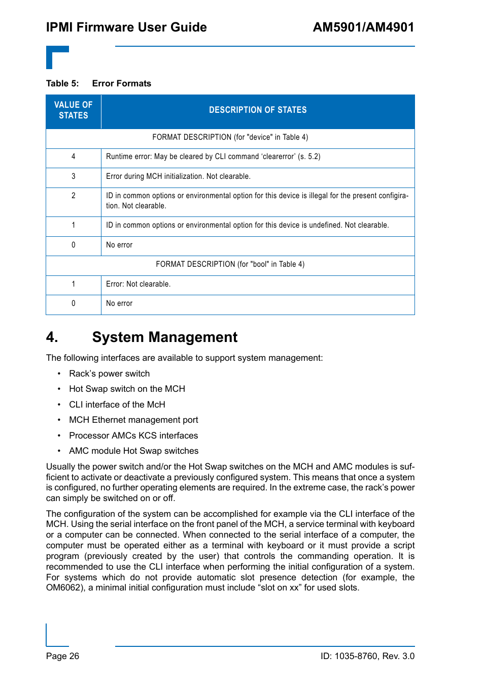 System management, Error formats | Kontron AM4901 IPMI User Manual | Page 26 / 92