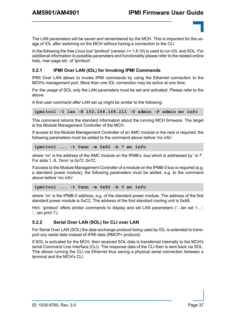 1 ipmi over lan (iol) for invoking ipmi commands, 2 serial over lan (sol) for cli over lan, Ipmi over lan (iol) for invoking ipmi commands | Serial over lan (sol) for cli over lan | Kontron AM4901 IPMI User Manual | Page 37 / 92
