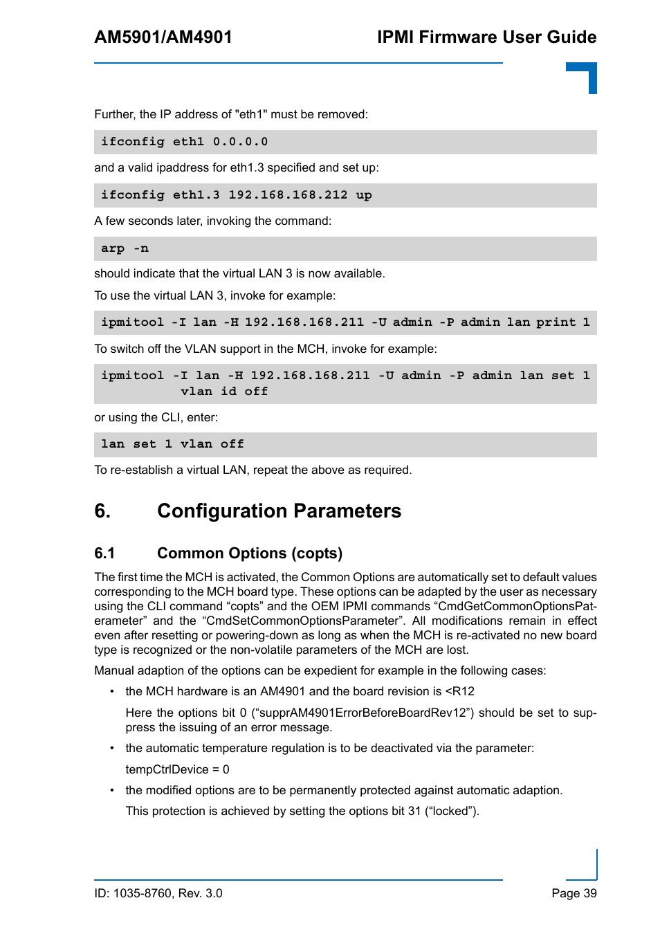 Configuration parameters, 1 common options (copts) | Kontron AM4901 IPMI User Manual | Page 39 / 92