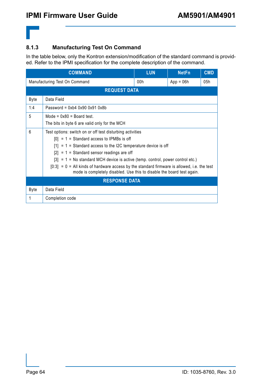 3 manufacturing test on command, Manufacturing test on command | Kontron AM4901 IPMI User Manual | Page 64 / 92