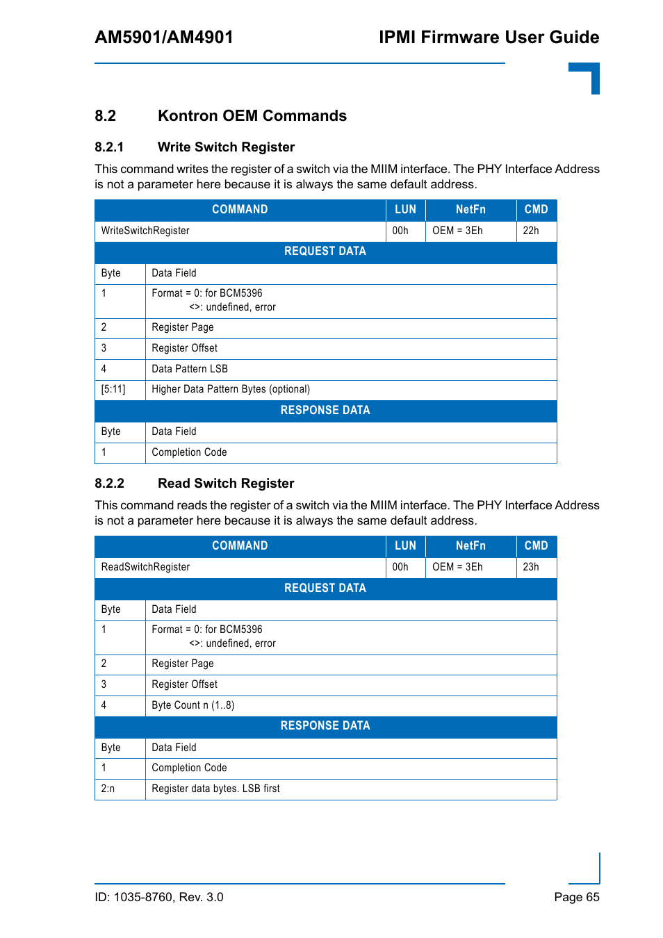 2 kontron oem commands, 1 write switch register, 2 read switch register | Write switch register, Read switch register | Kontron AM4901 IPMI User Manual | Page 65 / 92