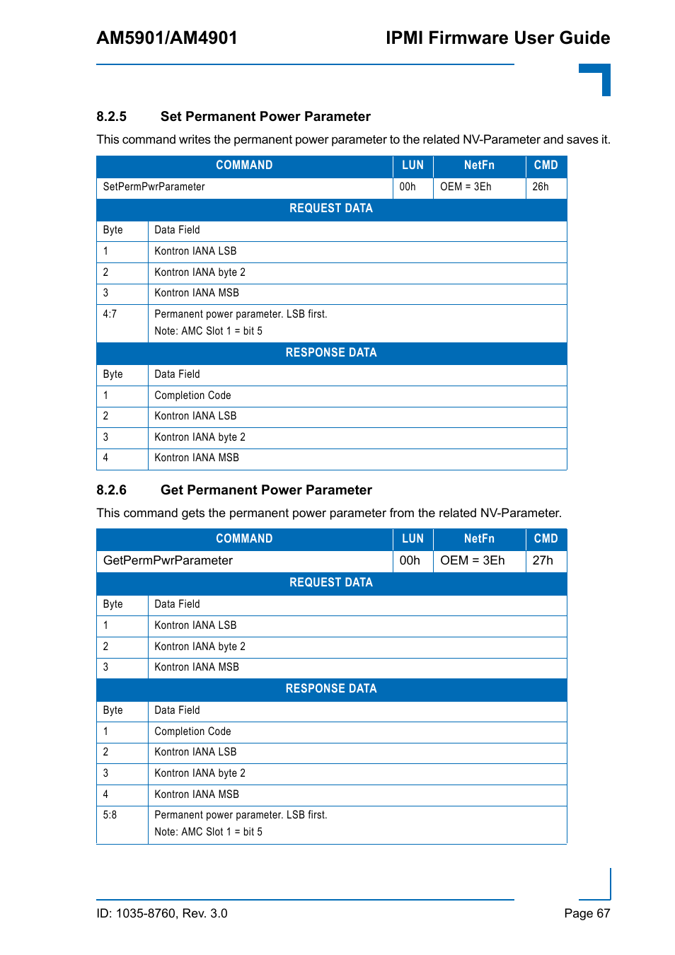 5 set permanent power parameter, 6 get permanent power parameter, Set permanent power parameter | Get permanent power parameter | Kontron AM4901 IPMI User Manual | Page 67 / 92