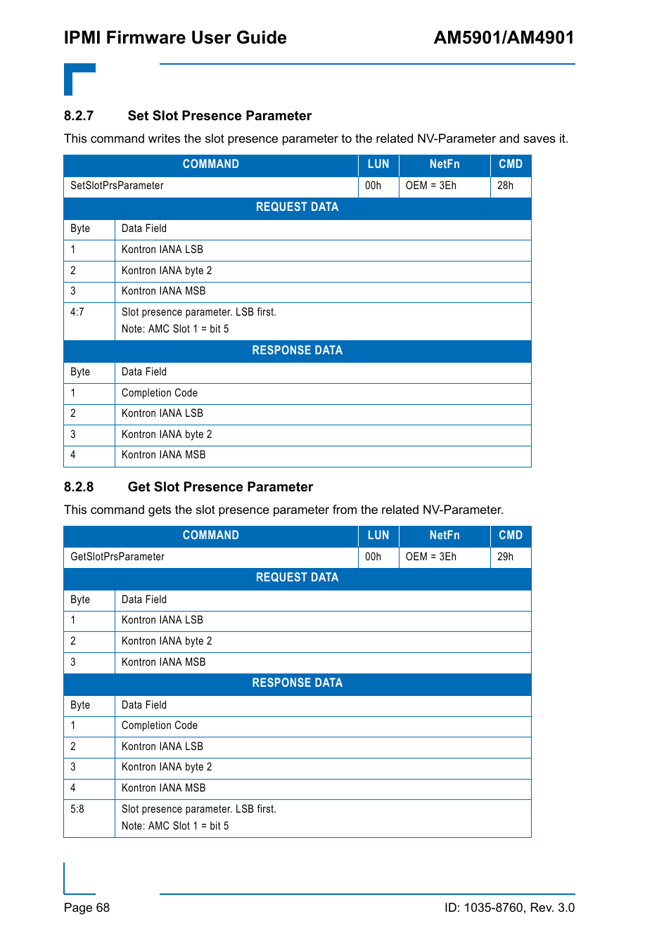 7 set slot presence parameter, 8 get slot presence parameter, Set slot presence parameter | Get slot presence parameter | Kontron AM4901 IPMI User Manual | Page 68 / 92