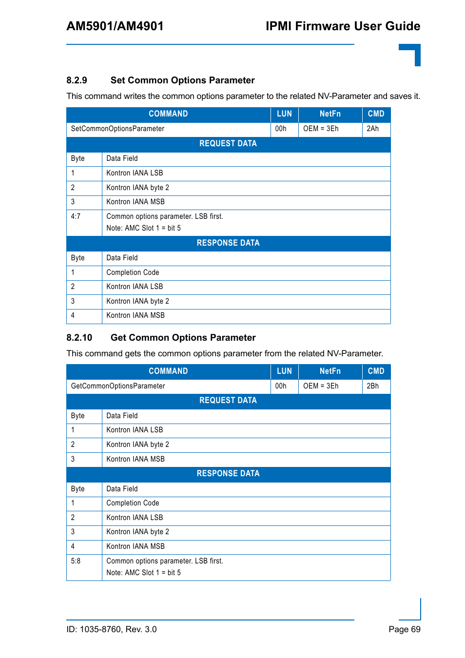9 set common options parameter, 10 get common options parameter, Set common options parameter | Kontron AM4901 IPMI User Manual | Page 69 / 92