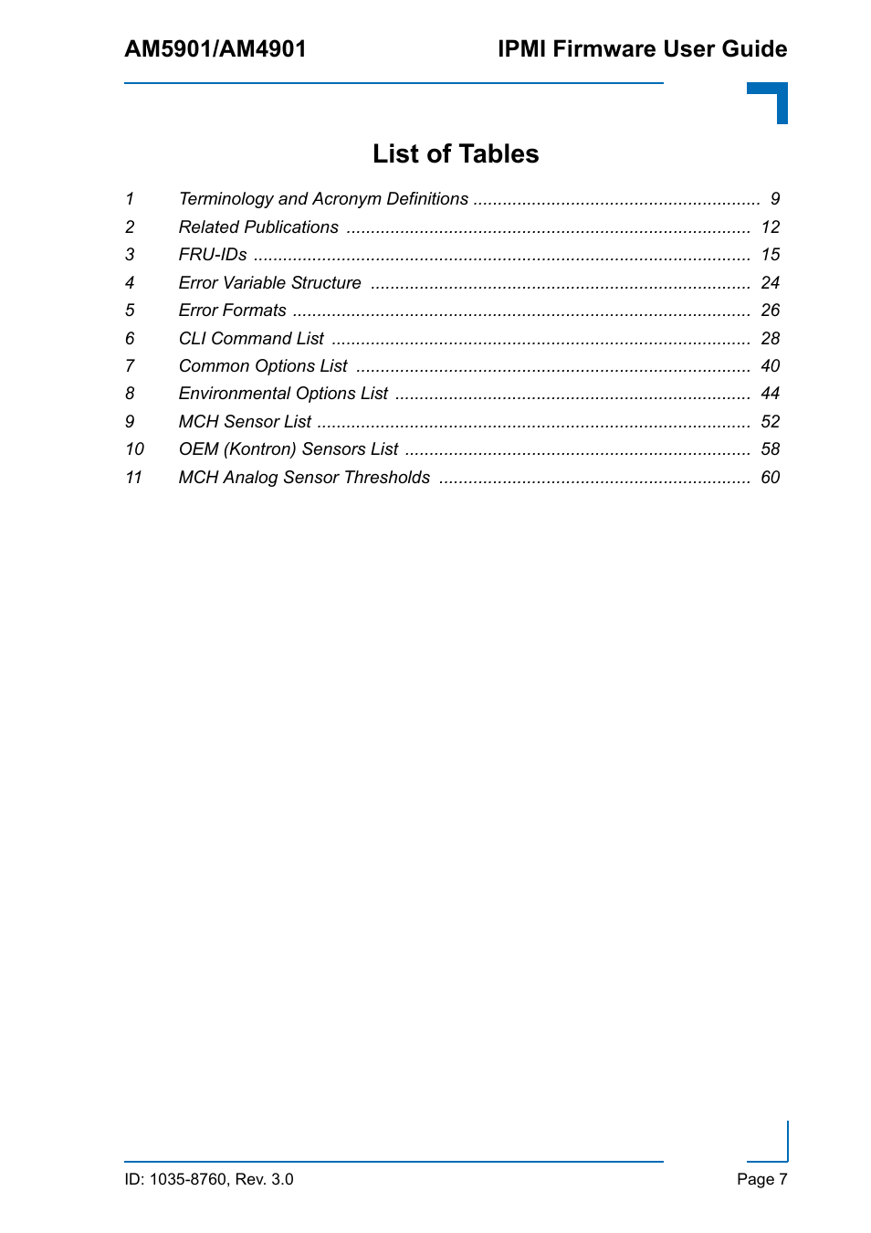 List of tables | Kontron AM4901 IPMI User Manual | Page 7 / 92