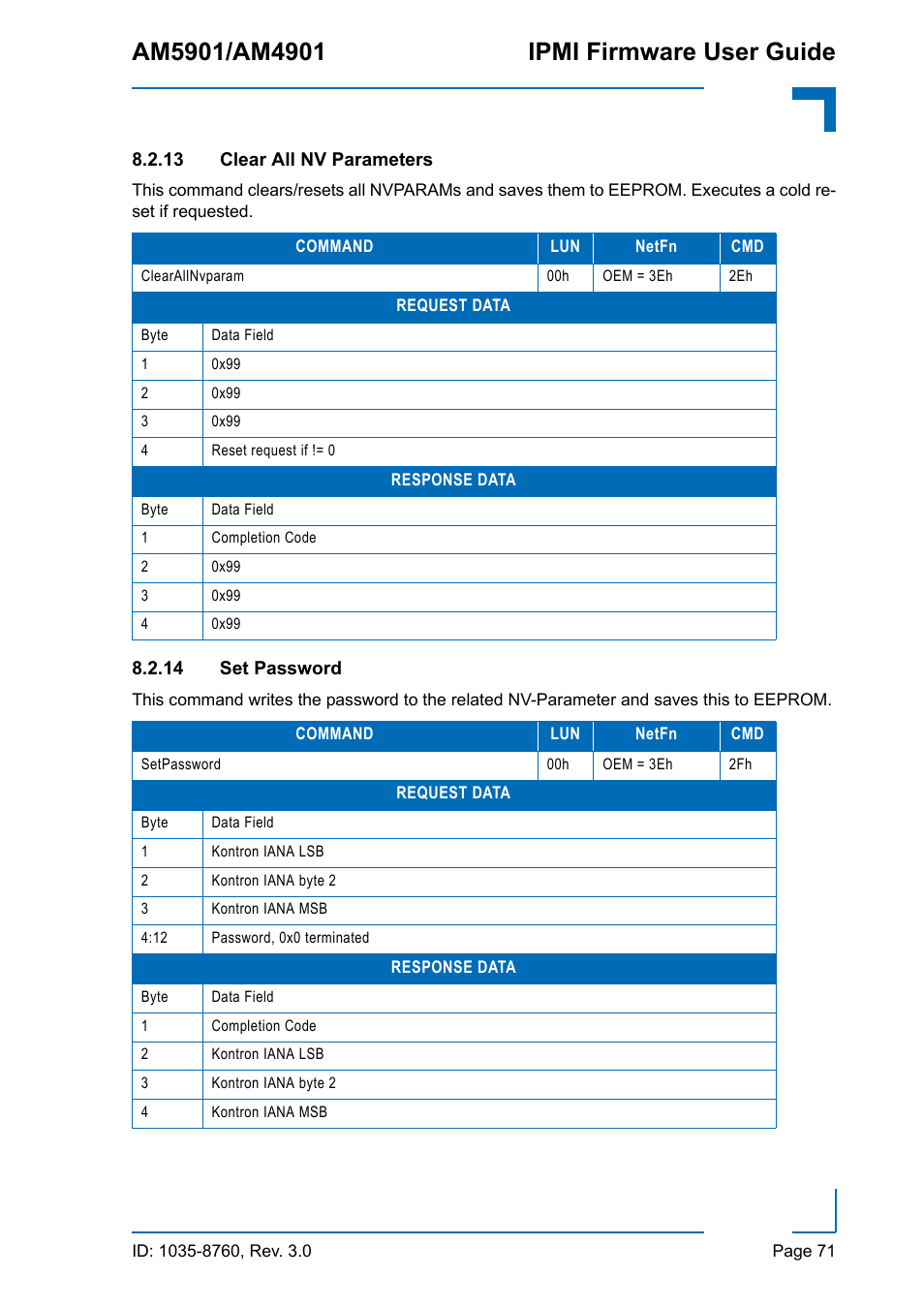13 clear all nv parameters, 14 set password, 13 clear all nv parameters 8.2.14 set password | Kontron AM4901 IPMI User Manual | Page 71 / 92