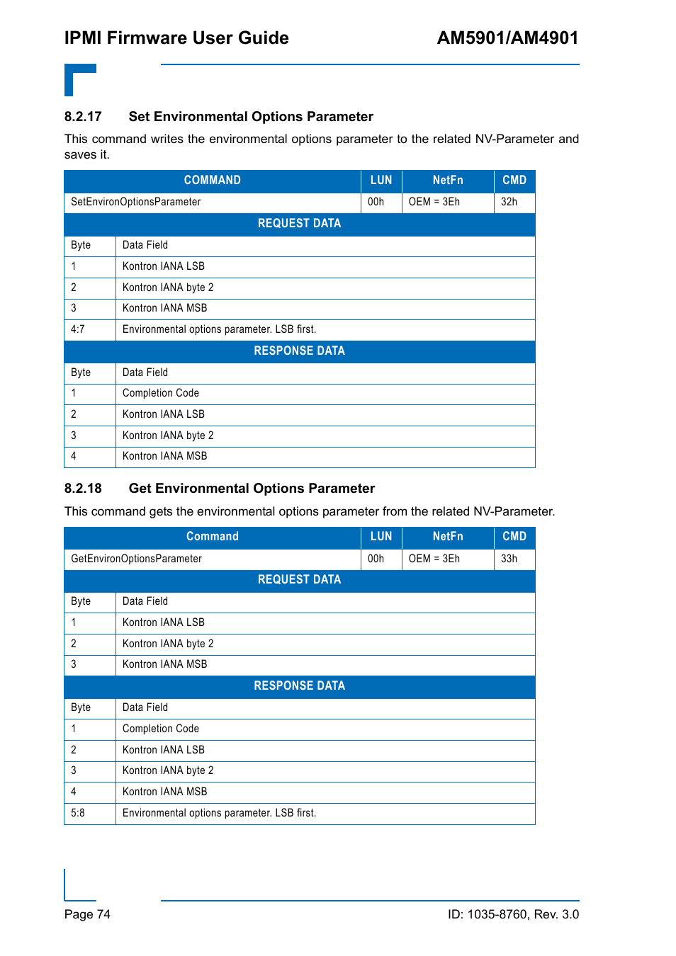 17 set environmental options parameter, 18 get environmental options parameter | Kontron AM4901 IPMI User Manual | Page 74 / 92