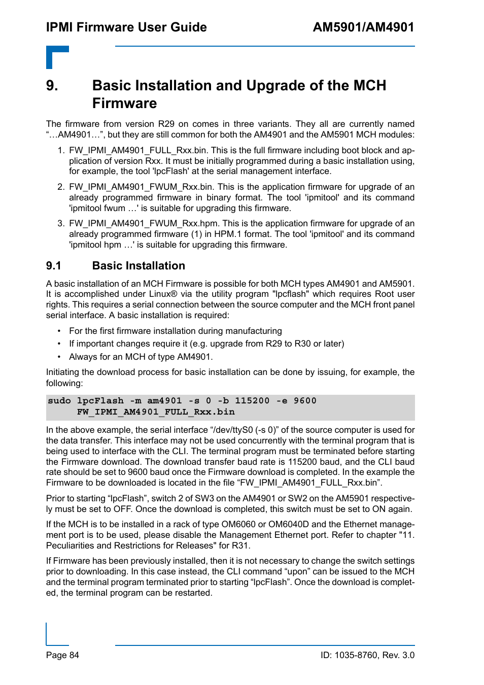 Basic installation and upgrade of the mch firmware, 1 basic installation | Kontron AM4901 IPMI User Manual | Page 84 / 92