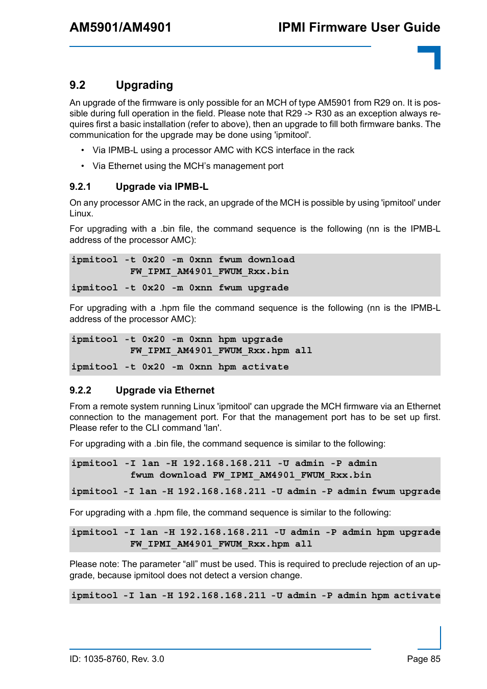 2 upgrading, 1 upgrade via ipmb-l, 2 upgrade via ethernet | Upgrade via ipmb-l, Upgrade via ethernet | Kontron AM4901 IPMI User Manual | Page 85 / 92