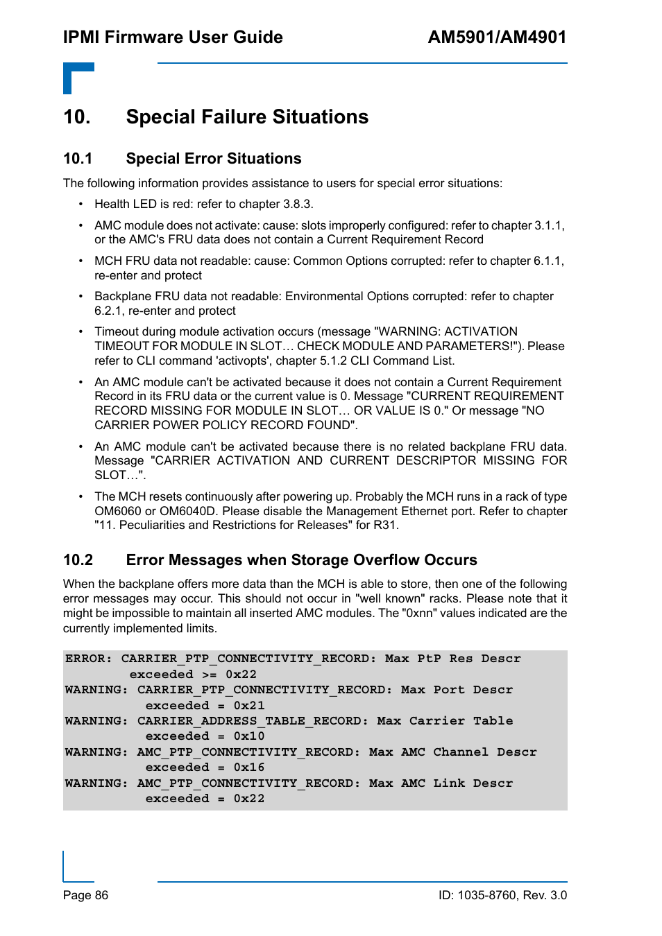 Special failure situations, 1 special error situations, 2 error messages when storage overflow occurs | Kontron AM4901 IPMI User Manual | Page 86 / 92