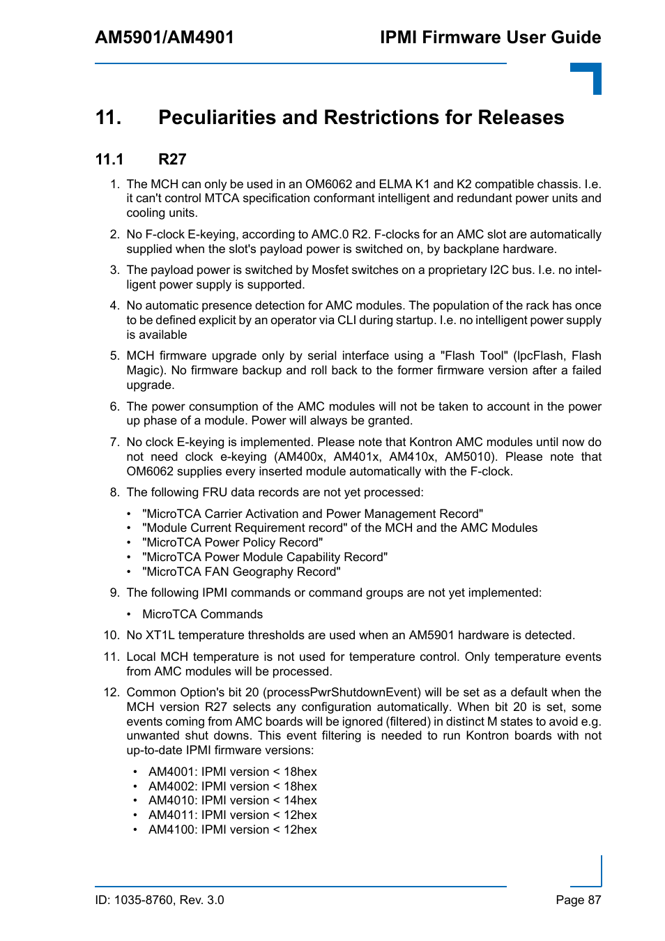Peculiarities and restrictions for releases, 1 r27 | Kontron AM4901 IPMI User Manual | Page 87 / 92
