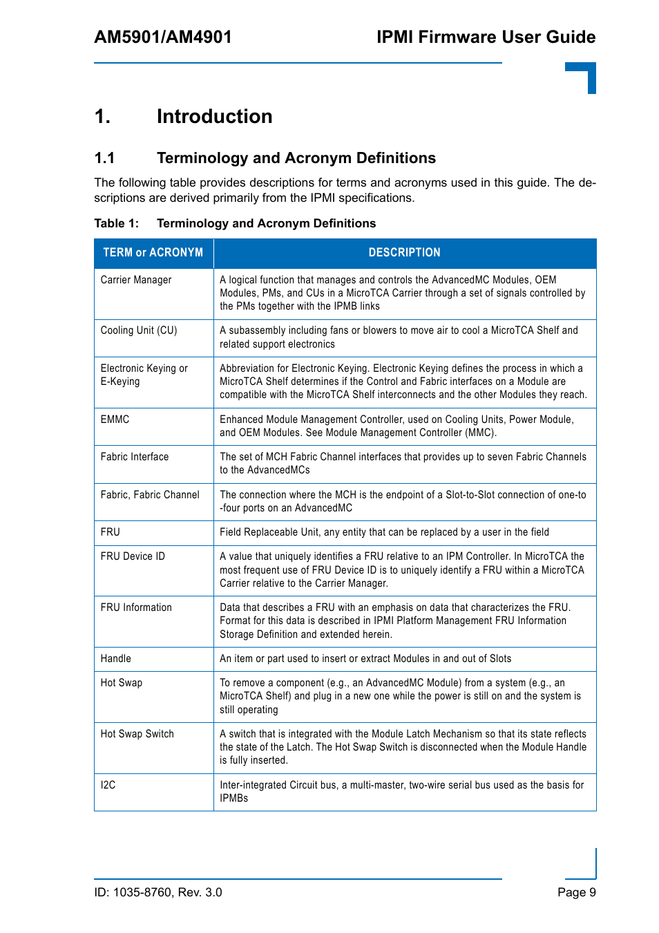 Introduction, 1 terminology and acronym definitions, Terminology and acronym definitions | Kontron AM4901 IPMI User Manual | Page 9 / 92