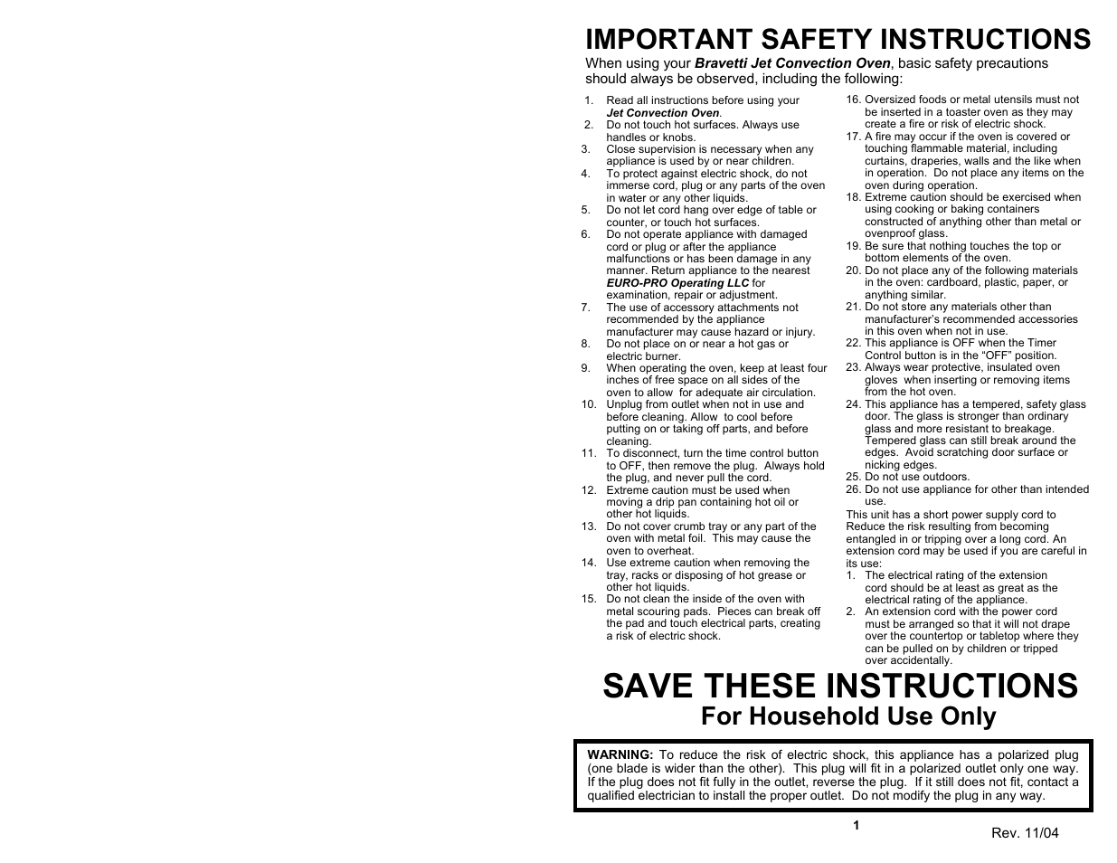 Save these instructions, Important safety instructions, For household use only | Bravetti JO287HL User Manual | Page 3 / 8