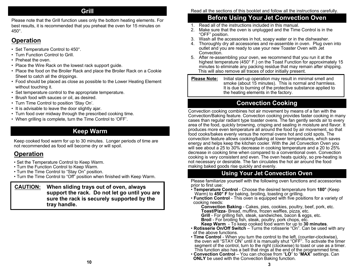 Grill, Before using your jet convection oven, Operation | Convection cooking, Keep warm | Bravetti JO287HL User Manual | Page 5 / 8