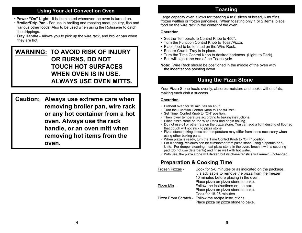 Toasting, Using the pizza stone, Preparation & cooking time | Bravetti JO287HL User Manual | Page 6 / 8