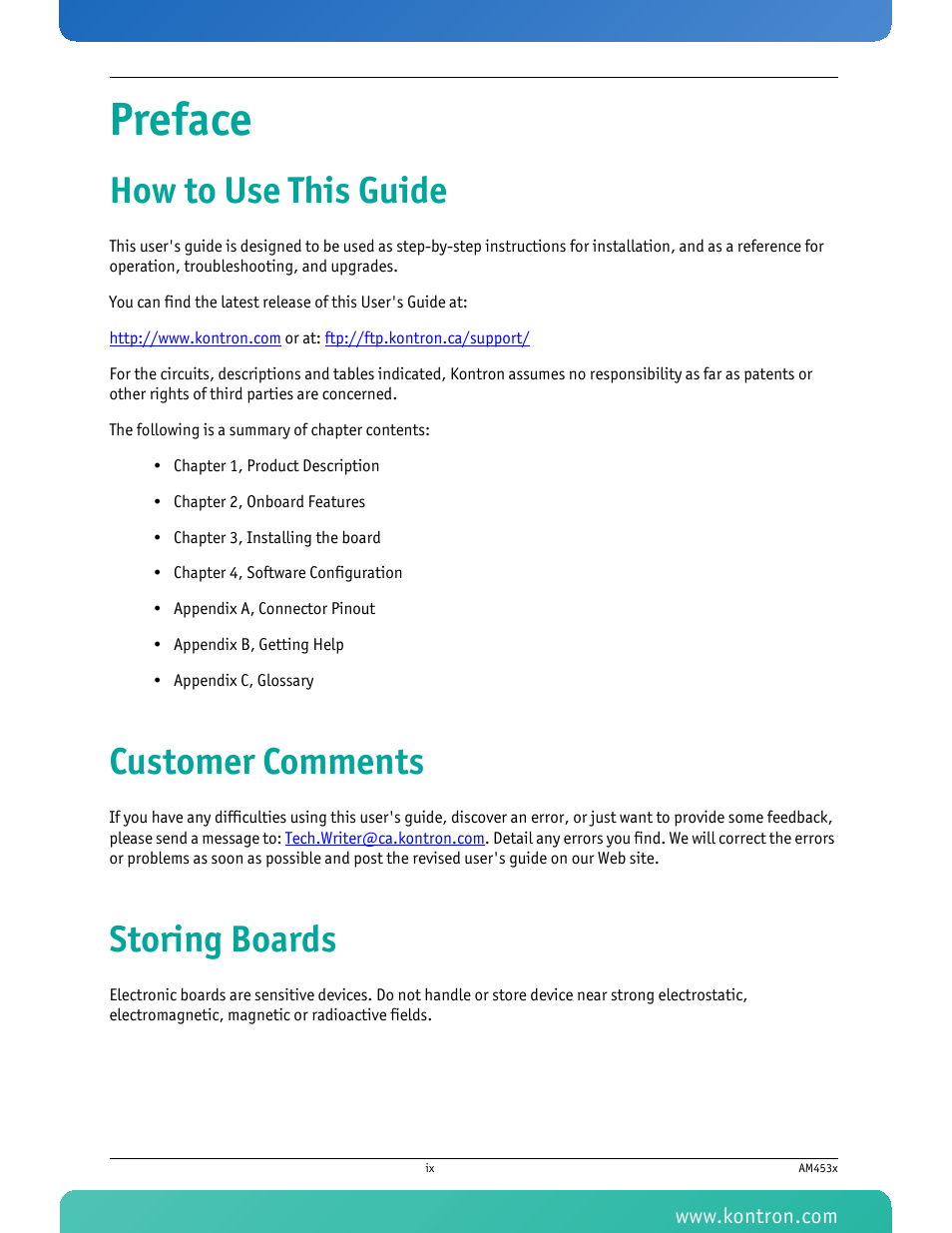 Preface, How to use this guide, Customer comments | Storing boards | Kontron AM4530 User Manual | Page 10 / 47