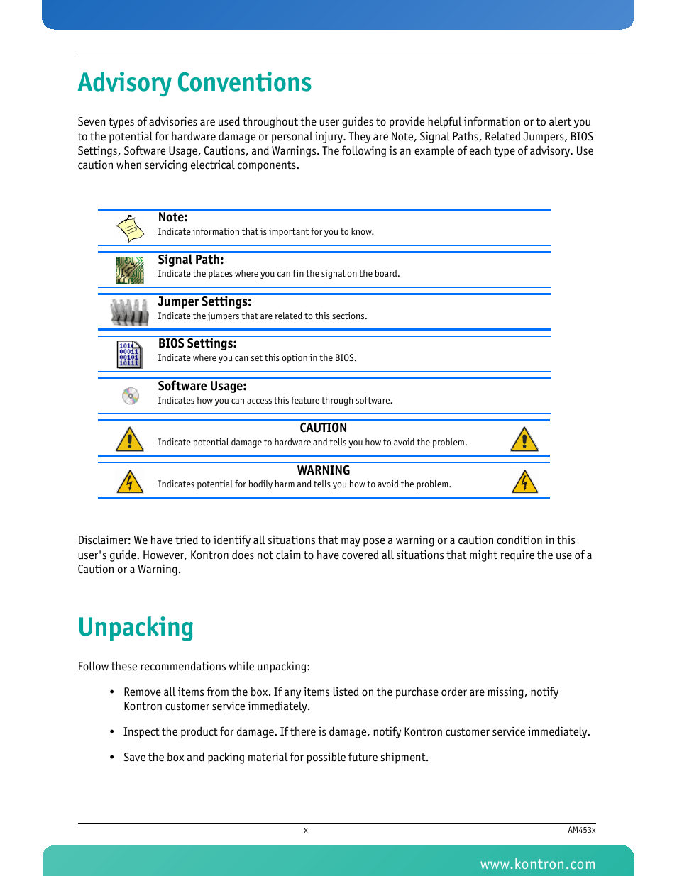 Advisory conventions, Unpacking | Kontron AM4530 User Manual | Page 11 / 47