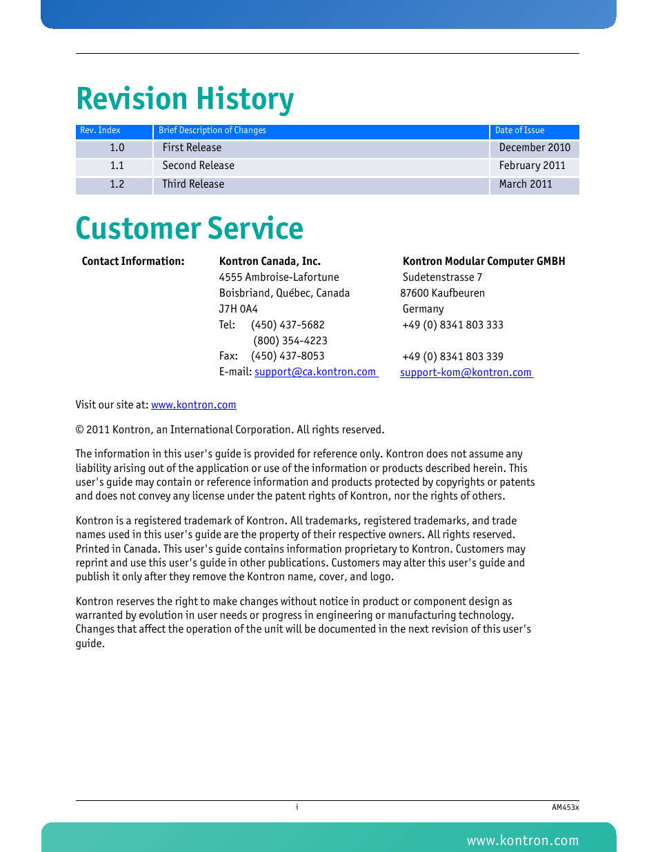 Revision history customer service | Kontron AM4530 User Manual | Page 2 / 47