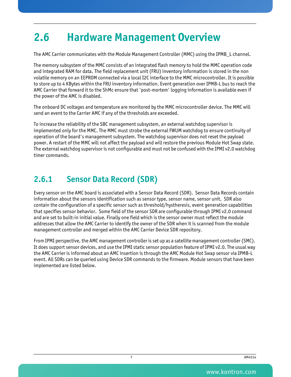 6 hardware management overview, 1 sensor data record (sdr), Sensor data record (sdr) | Kontron AM4530 User Manual | Page 20 / 47