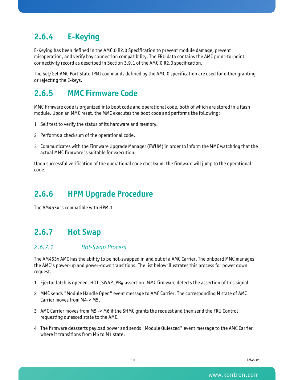 4 e-keying, 5 mmc firmware code, 6 hpm upgrade procedure | 7 hot swap, 1 hot-swap process, E-keying, Mmc firmware code, Hpm upgrade procedure, Hot swap | Kontron AM4530 User Manual | Page 23 / 47