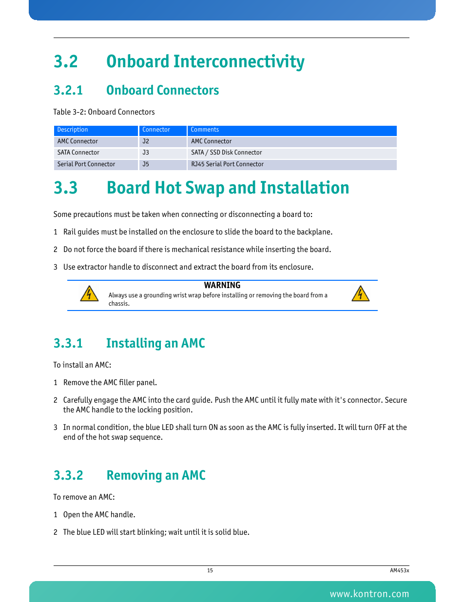 2 onboard interconnectivity, 1 onboard connectors, 3 board hot swap and installation | 1 installing an amc, 2 removing an amc, Onboard connectors, Installing an amc, Removing an amc, Table 3-2 onboard connectors | Kontron AM4530 User Manual | Page 28 / 47