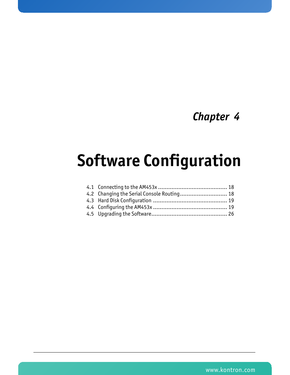 Software configuration, Chapter 4 | Kontron AM4530 User Manual | Page 30 / 47