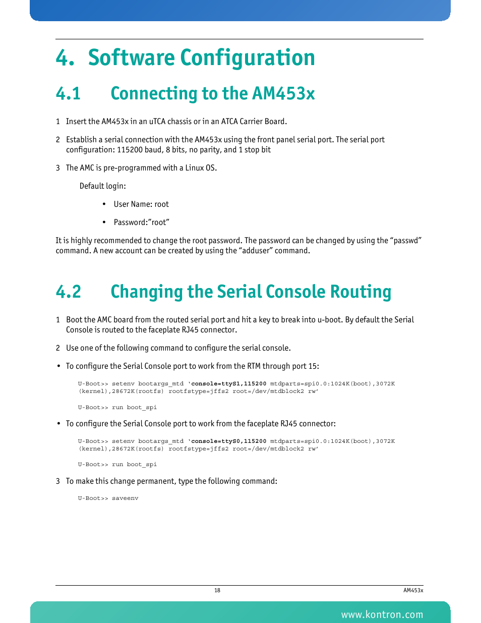 Software configuration, 1 connecting to the am453x, 2 changing the serial console routing | Kontron AM4530 User Manual | Page 31 / 47