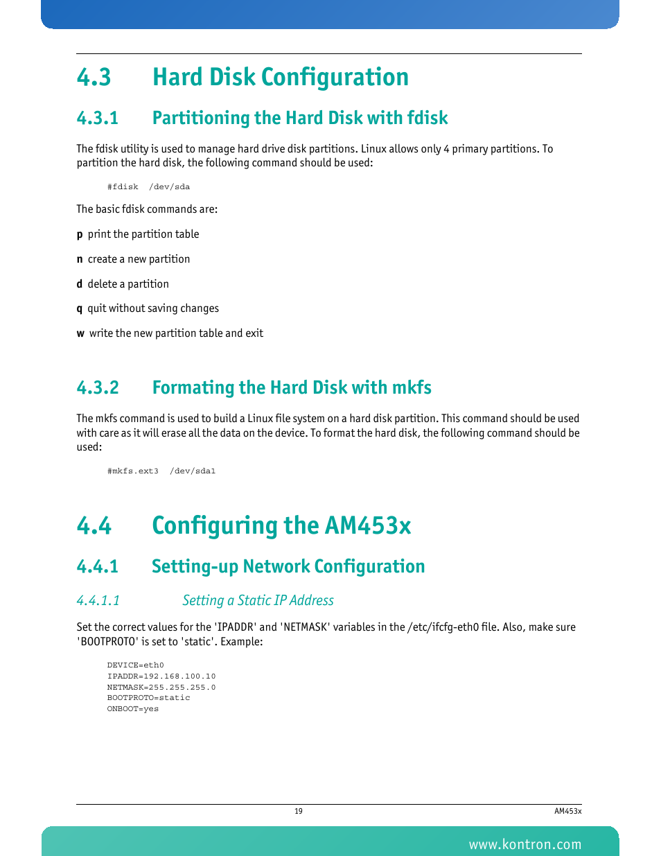 3 hard disk configuration, 1 partitioning the hard disk with fdisk, 2 formating the hard disk with mkfs | 4 configuring the am453x, 1 setting-up network configuration, 1 setting a static ip address, Partitioning the hard disk with fdisk, Formating the hard disk with mkfs, Setting-up network configuration | Kontron AM4530 User Manual | Page 32 / 47